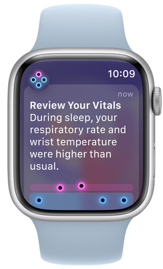 Layar Apple Watch menampilkan peringatan "Review Your Vitals"