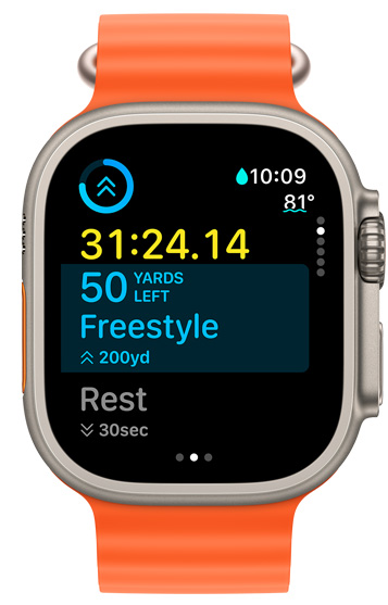 Apple Watch Ultra 螢幕顯示目標間歇訓練項目的計時資料，以及自訂體能訓練的剩餘項目