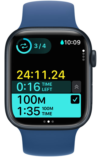 Ein Apple Watch Display zeigt das Timing eines benutzerdefinierten Schwimmtrainings im Schwimmbad