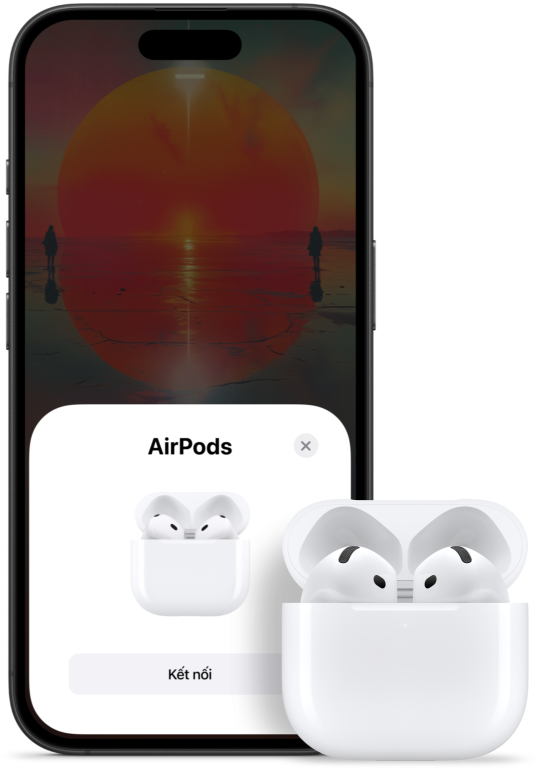 An open charging case with AirPods 4 inside, next to an iPhone showing that AirPods 4 have been connected.