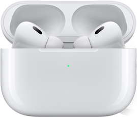 AirPods Pro trong hộp sạc bên cạnh iPhone, iPhone được kết nối với hai bộ AirPods, mỗi bộ có tùy chọn điều khiển âm lượng riêng.