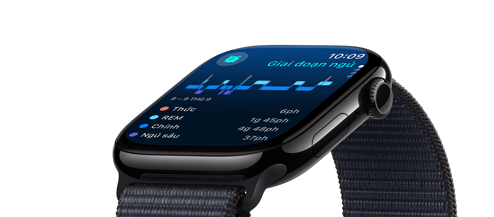 Screen showing the different sleep stages of user on an Apple Watch Series 10.