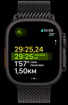 Apple Watch Ultra 2 hiển thị thời lượng, tốc độ và khoảng cách bơi như một phần của tính năng Nhiều Môn Phối Hợp.