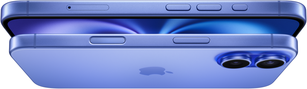 A front-facing iPhone 16 in a hand with a thumb on the Side button.