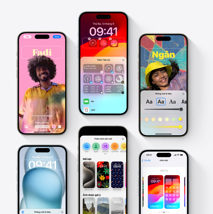 Sáu phiên bản iPhone được xếp dạng lưới, thể hiện các tính năng cá nhân hóa thú vị như khả năng tùy chỉnh Màn Hình Khóa và Áp Phích Liên Hệ.