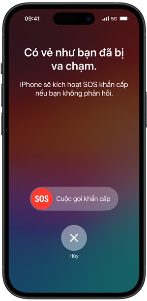 Màn hình Phát Hiện Va Chạm hiển thị "Có vẻ như bạn vừa gặp tai nạn. iPhone sẽ kích hoạt SOS Khẩn Cấp nếu bạn không phản hồi"