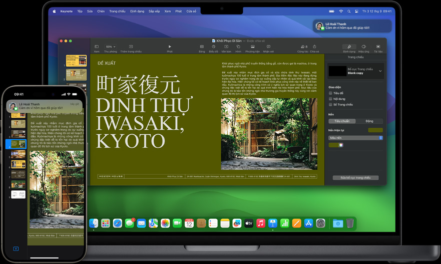 Macbook Pro và iPhone 15 Pro đang mở cùng một tập tin Keynote