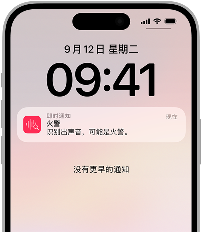 iPhone 上的声音识别功能正在提示声音识别火警警报。