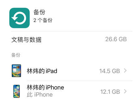 屏幕展示 iCloud 云备份的数据使用情况