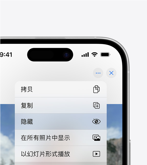 特写 iPhone 屏幕，展示如何找到照片上的“隐藏”功能。