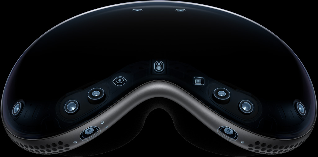 Apple Vision Pro 的外部视图，突出展示摄像头和传感器阵列。