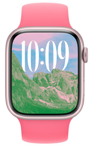Apple Watch 屏幕展示风景照片表盘，时间显示大小和语言文字均为自定义