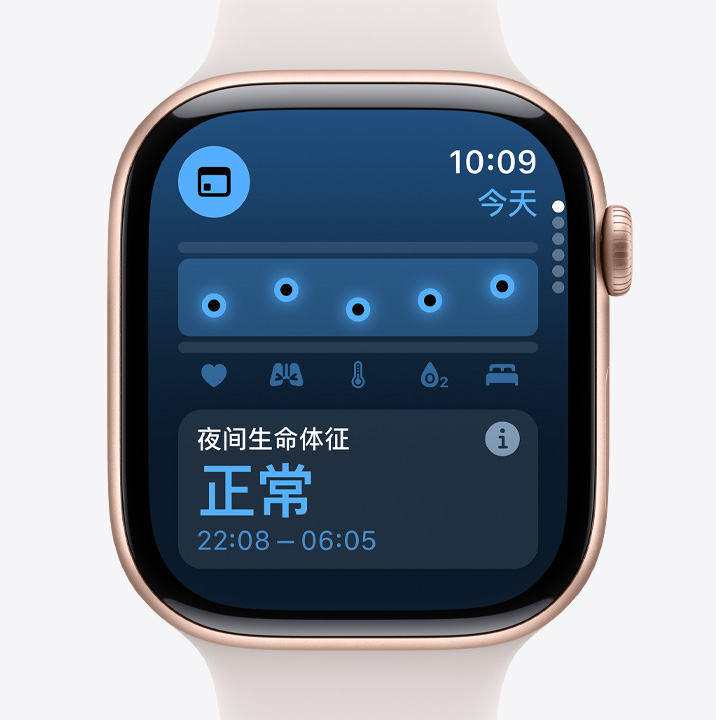 Apple Watch Series 10 上的生命体征 app 屏幕，显示一整晚收集到的数据均在正常范围。