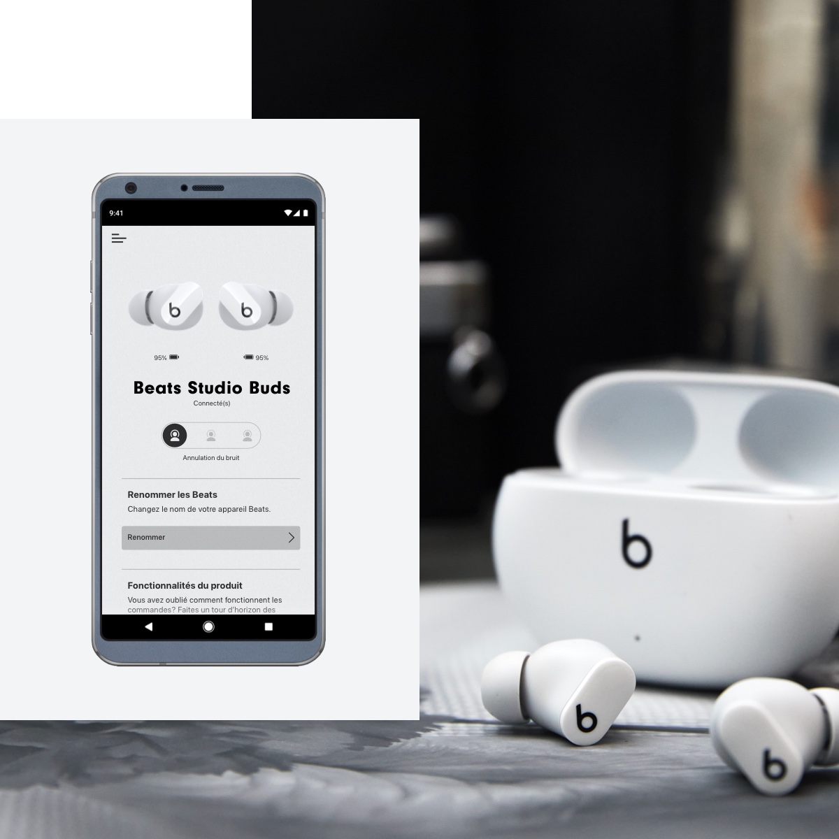 Écrans montrant les fonctionnalités de l’app Beats pour Android