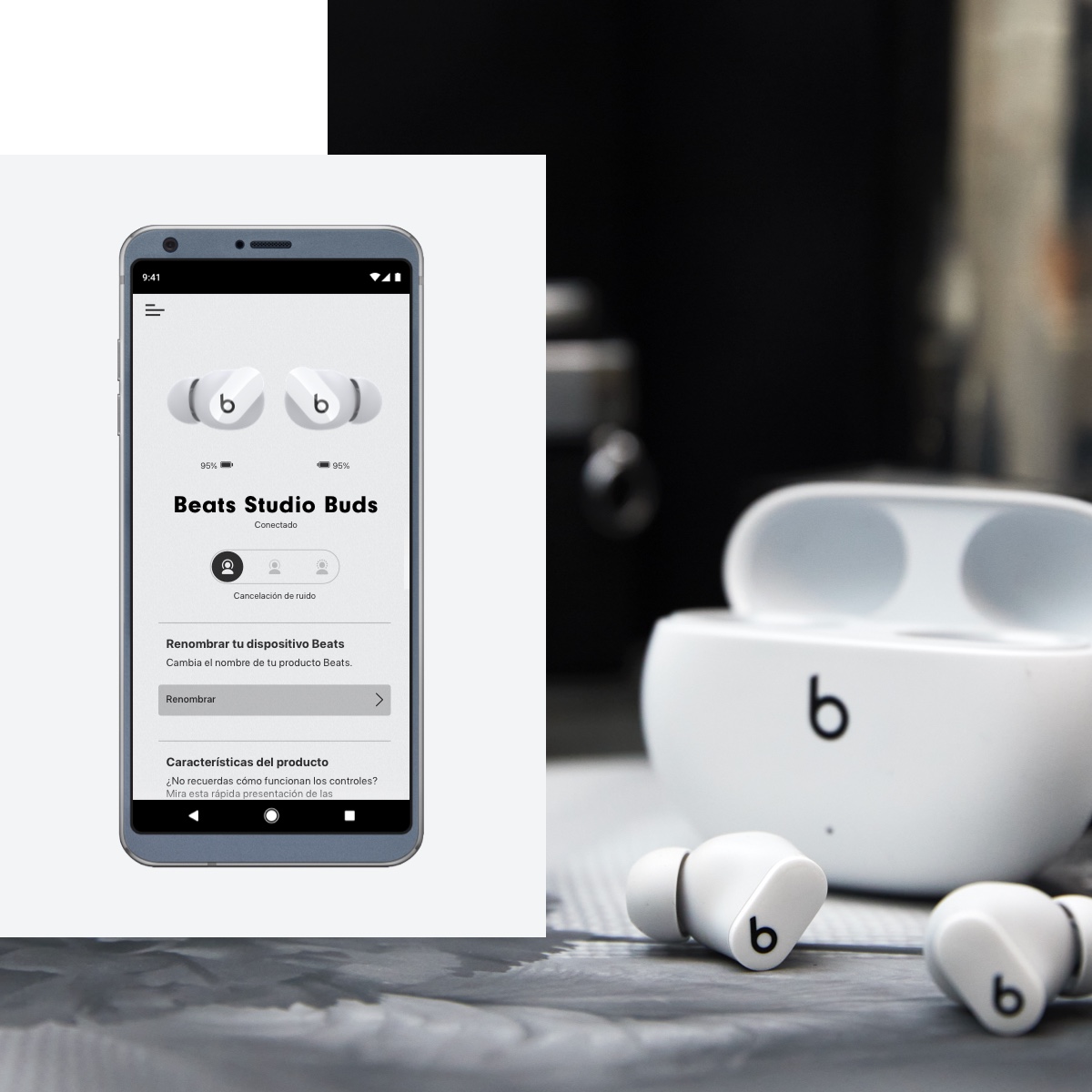 Pantallas que muestran las funciones de la app Beats para Android