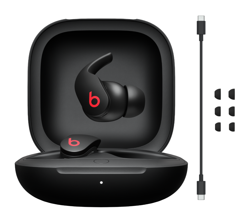 Beats Fit Pro und alles, was im abgebildeten Lieferumfang enthalten ist: In-Ear Kopfhörer, Ladecase, Ladekabel und Ohreinsätze