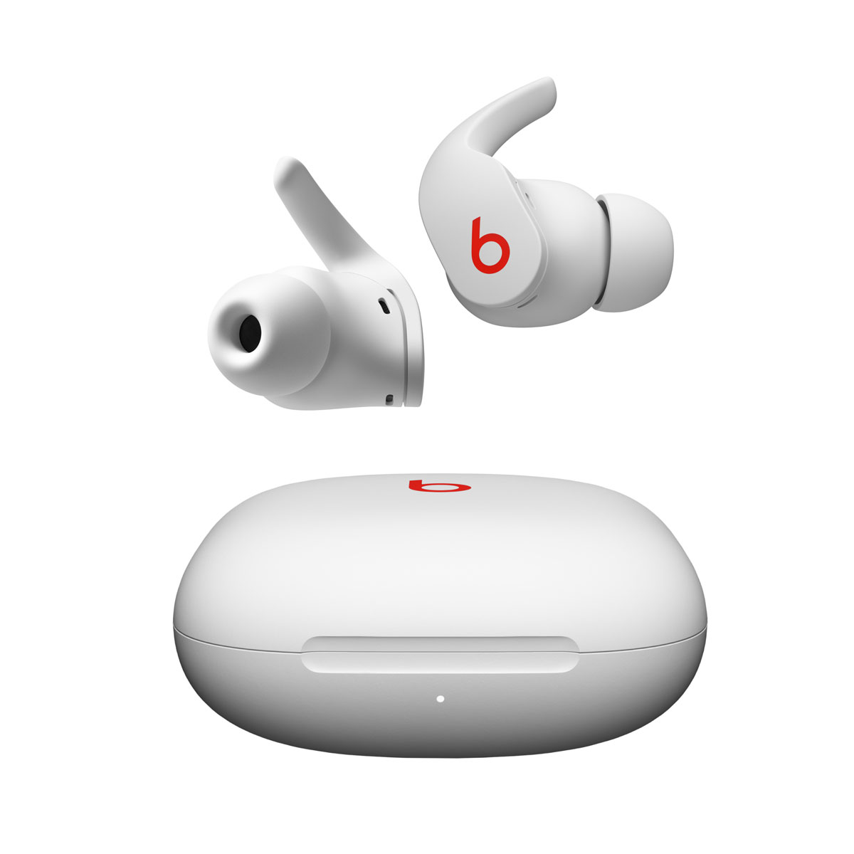 Close-up of Beats Fit Pro earbuds in Beats White