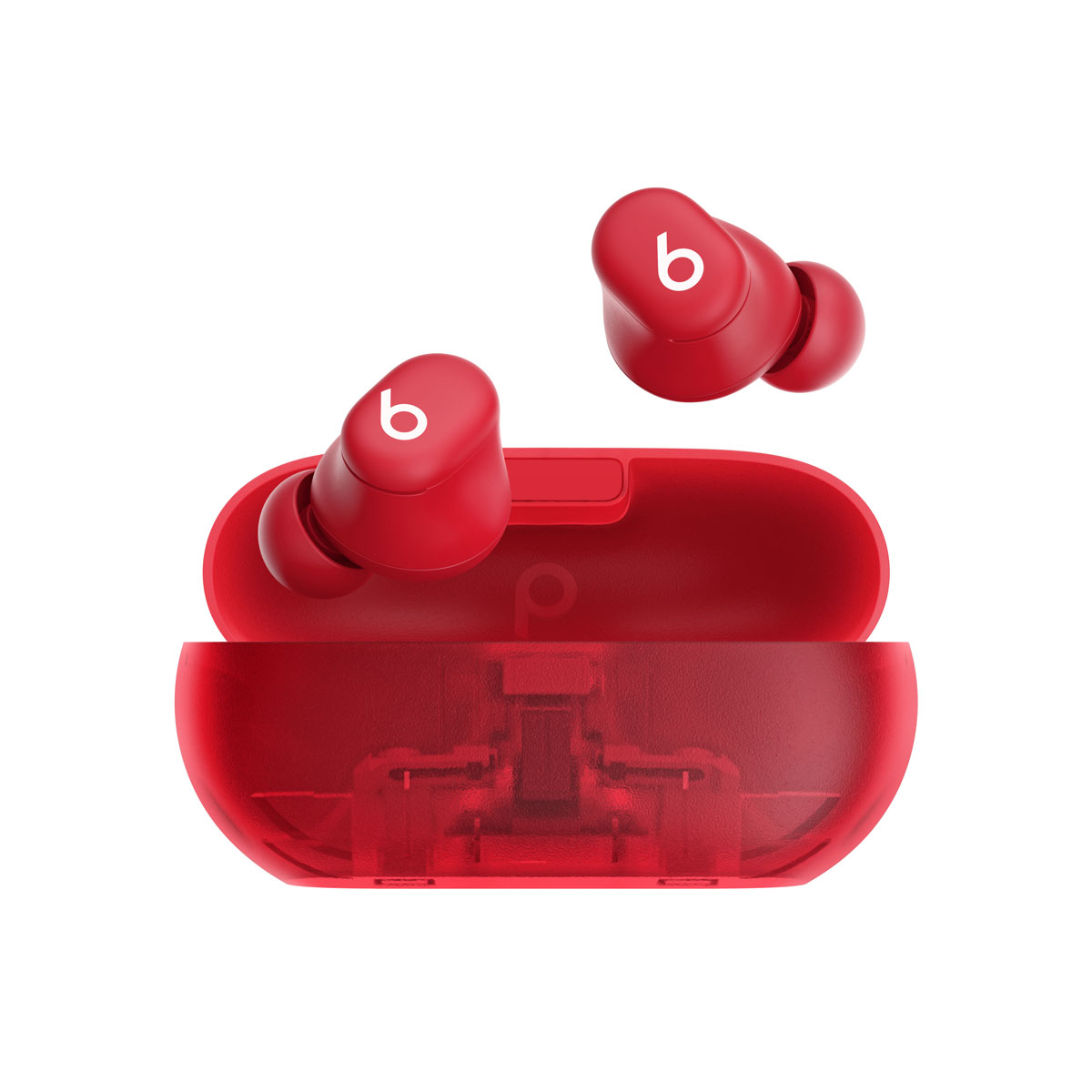 Close-up van de Beats Solo Buds in transparant rood