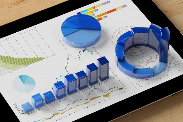 eine Statistik ist auf einem Tablet abgebildet davon sind  2 Kreise und 8 Säulen in 3D Form dargestellt (verweist auf: Statistik)