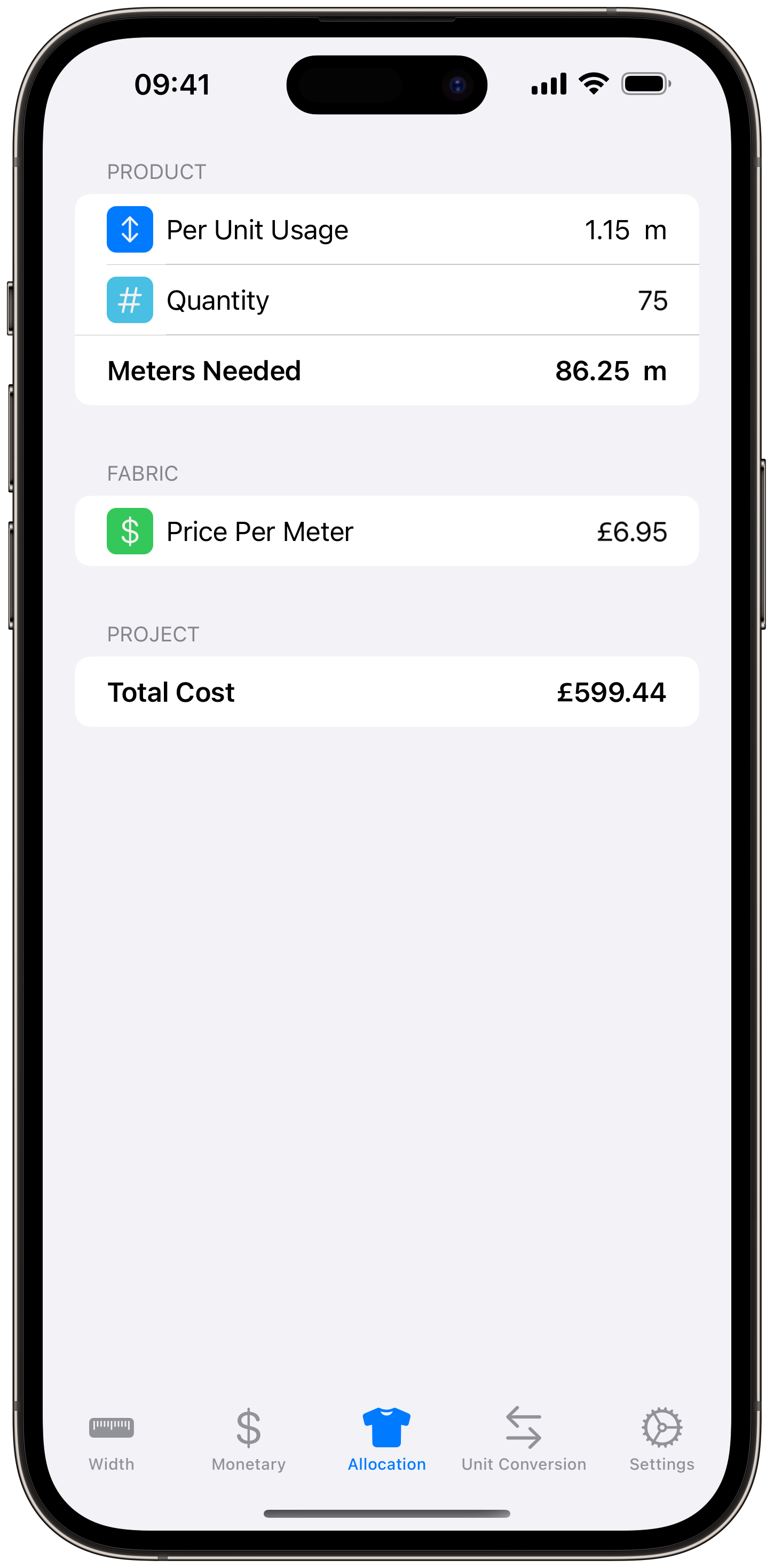 Fabric Calc - Allocation - GBP