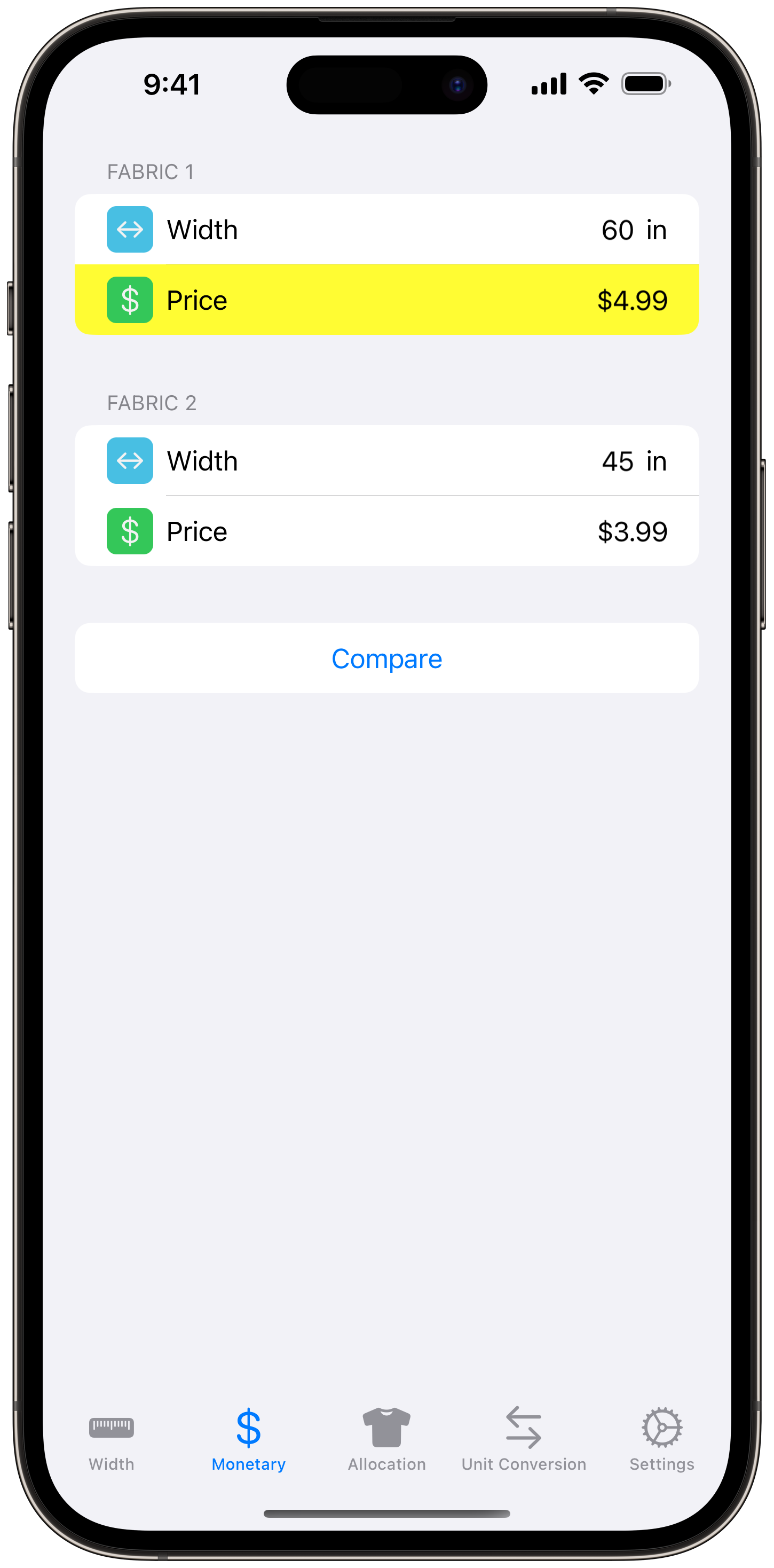 Fabric Calc - Monetary Comparison - Imperial Mode