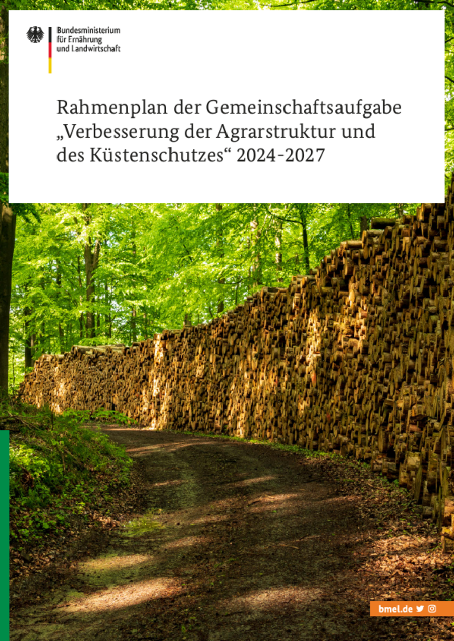 Broschürentitel: Rahmenplan der Gemeinschaftsaufgabe „Verbesserung der Agrarstruktur und des Küstenschutzes“ 2024-2027. Zu sehen sind Holzstapel in einem Wald.