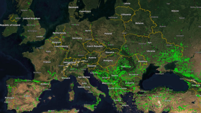 Zu sehen ist eine Satellitenkarte von Europa mit Waldbränden im Februar 2024