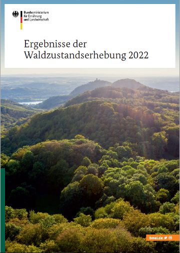Broschürencover, das baumbewachsene Hügel im Sonnenschein zeigt. Titeltext: Ergebnisse der Waldzustandserhebung 2022