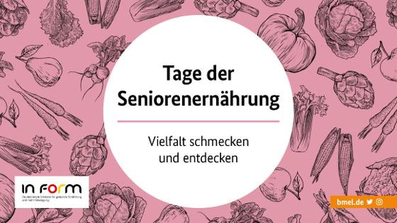 Logo mit der Aufschrift "Tage der Seniorenverpflegung - Vielfalt schmecken und entdecken" auf einem Hintergrund mit Skizzen von Gemüse udn Obst