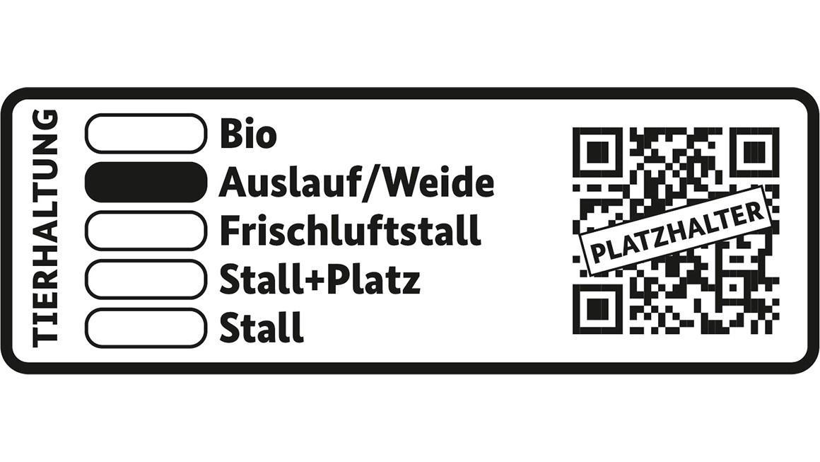 Die Kennzeichnung nach dem Tierhaltungskennzeichnungsgesetz: Es werden die fünf Haltungsformen "Stall", "Stall+Platz", "Frischluftstall", "Auslauf/ Weide" und "Bio" genannt, eine davon ist markiert. Rechts daneben befindet sich ein QR-Code.