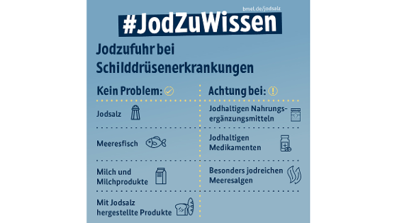 Grafik mit Text: Jodzufuhr bei Schildrüsenerkrankungen kein Problem: Jodsalz, Meeresfisch, Milch/Milchprodukte, mit Jodsalz hergesetellte Produkte; Achtung bei jodhaltigen Nahrungsergänzungsmitteln, jodhaltigen Medikamenten, jodreiche Meeresalgen