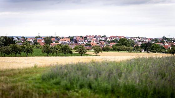 Im Vordergrund: Felder, Wiesen und Bäume; im Hintergrund die Häuser eines Dorfes.