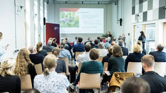 Blick in den Tagungsraum, über die Teilnehmenden zur Bühne mit einer Präsentation