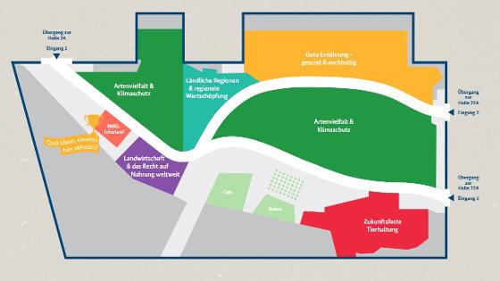 Plan der Halle des Bundesministeriums auf der Grünen Wochen 2024; Themengebiete: Gute Ernährung, Landwirtschaft und das Recht auf Nahrung weltweit, Artenvielfalt und Klimaschutz, ländliche regionen und regionale Wertschöpfung, zukunftsfeste Tierhaltung.