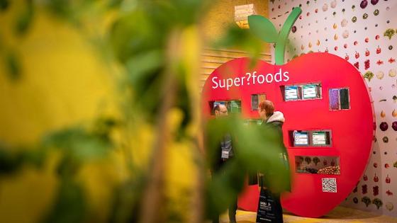 Das Superfoods-Modul in der BMEL-Halle: Ein Aufsteller in Apfelform informiert über regionale und exotische "Superfoods"