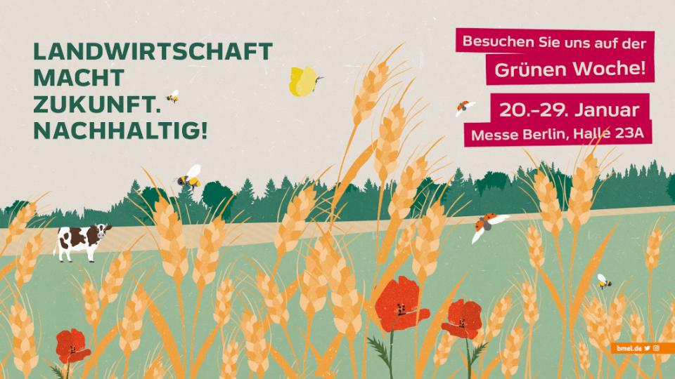 Darstellung eines Getreidefeldes mit Blühstreifen und Insekten, im Hintergrund ein Feld mit einer Kuh. Darüber der Schriftzug: Landwirtschaft macht Zukunft. Nachhaltig. Besuchen Sie uns auf der Grünen Woche! 20.-29. Januar, Messe Berlin, Halle 23a.