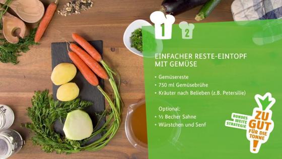 Karotten, Kartoffeln und Kohlrabi liegen auf einem Schneidebrett. Zusätzlich der Schriftzug "Einfacher Reste-Eintopf mit Gemüse"