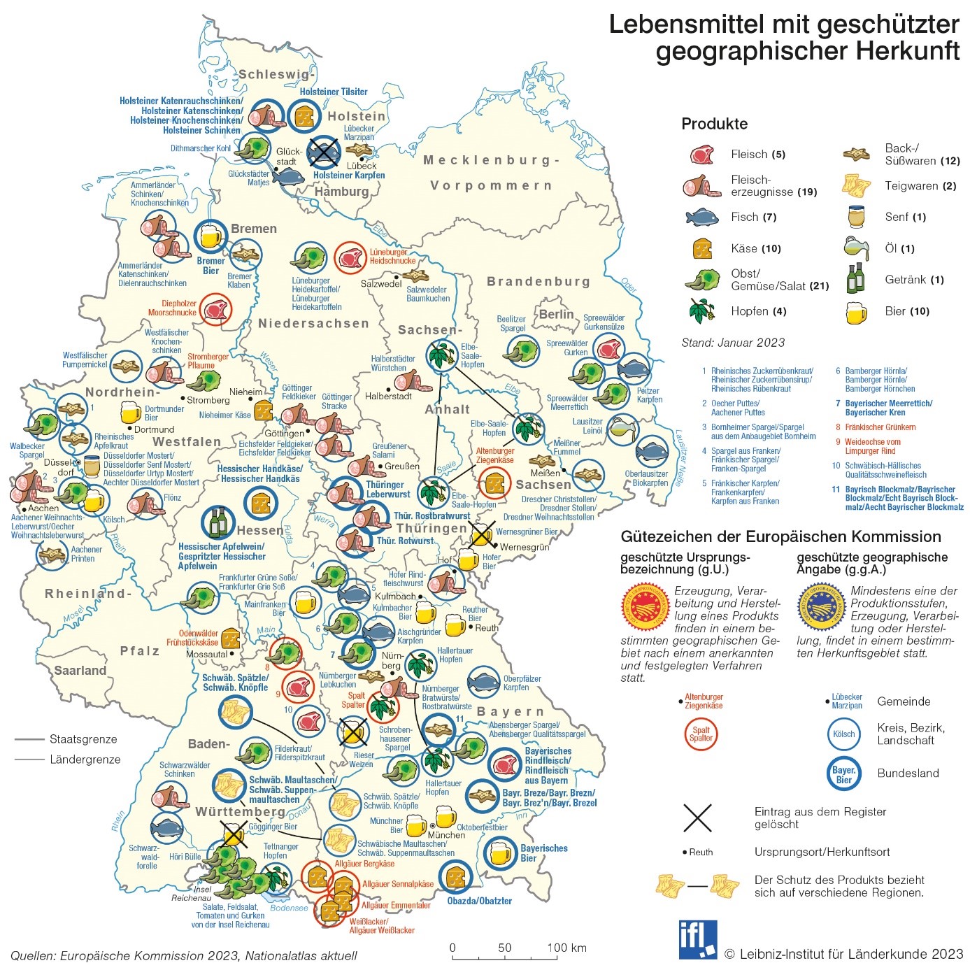 Karte der Lebensmittel mit geschützter geografischer Herkunft in Deutschland