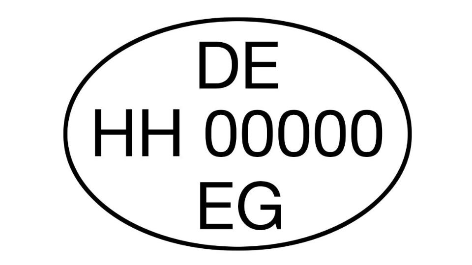 ovaler Kreis mit Ziffern und Buchstaben, oben DE für Deutschland; Mitte HH für Hamburg, daneben die Betriebsnummer; Unten EG für Europäische Gemeinschaft