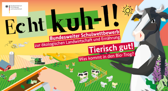 Grafik zum bundesweiten Schulwettbewerb zur ökologischen Landwirtschaft und Ernährung Echt Kuh-l 2025: Das Motto: Tierisch gut! Was kommt in den Bio-Trog? U.a. sind Icons von verschiedenen Tieren auf einem Bauernhof dargestellt.