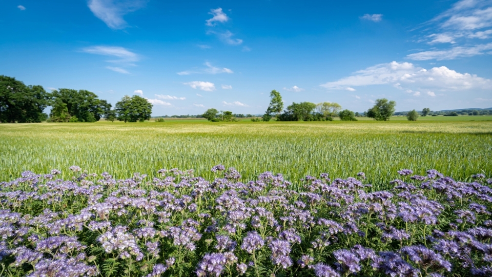 Violett blühende Wildblumen, vor einem Getreidefeld.