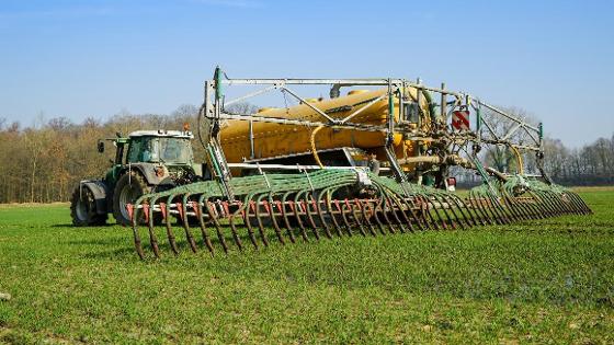 Auf einem Feld wird mit Schleppschläuchen Gülle ausgebracht