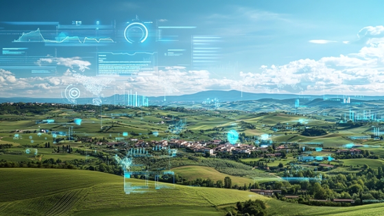 Blick über eine Landschaft mit Feldern, Wald und einem Dorf, darüber sind grafische Elemente wie Diagramme und technische Grafiken gelegt