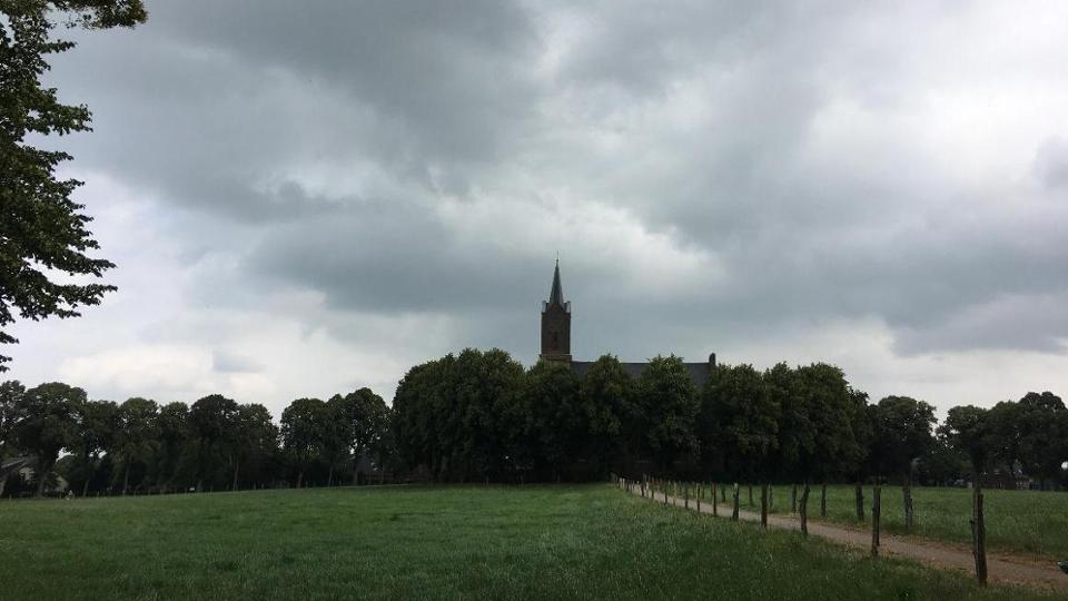 Zentralperspektive auf Louisendorf vom Fußweg auf die Kirche vor Bäumen