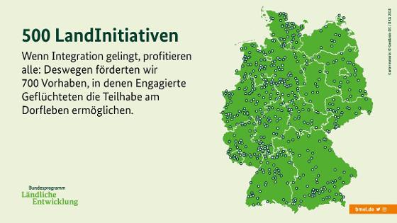 Eine Deutschlandkarte zeigt: Wenn Integration gelingt, profitieren alle - Deswegen förderten wir 700 Vorhaben, in denen Engagierte Geflüchteten die Teilhabe am Dorfleben ermöglichen. 