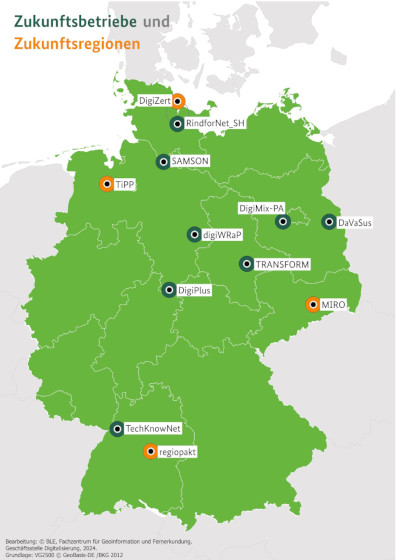 Deutschlandkarte mit den Zukunftsbetriebe und Zukunftsregionen