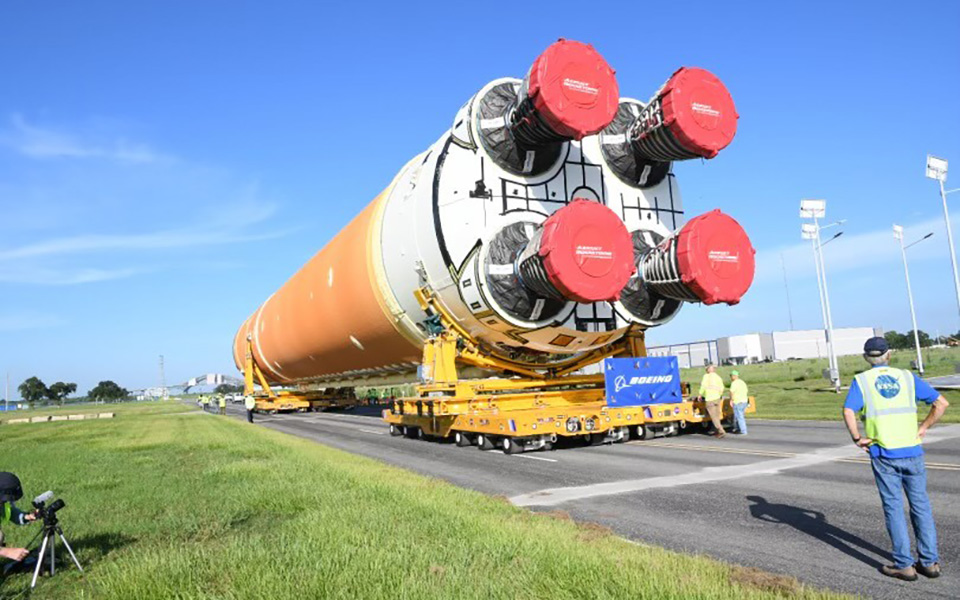 The Boeing-built core stage for Artemis II mission makes its way to the NASA's Pegasus barge for transport to Kennedy Space Center. (Boeing/Liz Morrell photo)