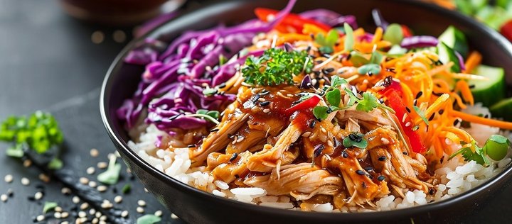 Eine bunte Bowl mit Reis, Hühnchen, Rotkohl, Möhren, Paprika und Gurken. 