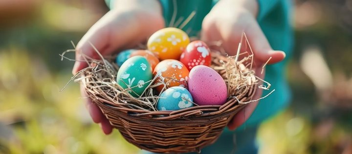 Etwa acht bunte Ostereier liegen in einem Bastkörbchen, das von Händen festgehalten wird. 