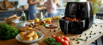 Eine Heißluftfritteuse steht auf einer Arbeitsplatte in der Küche. Um sie herum befinden sich Teller, Schalen und Brettchen mit Lebensmitteln wie beispielsweise Tomaten, Salat und Brötchen. 